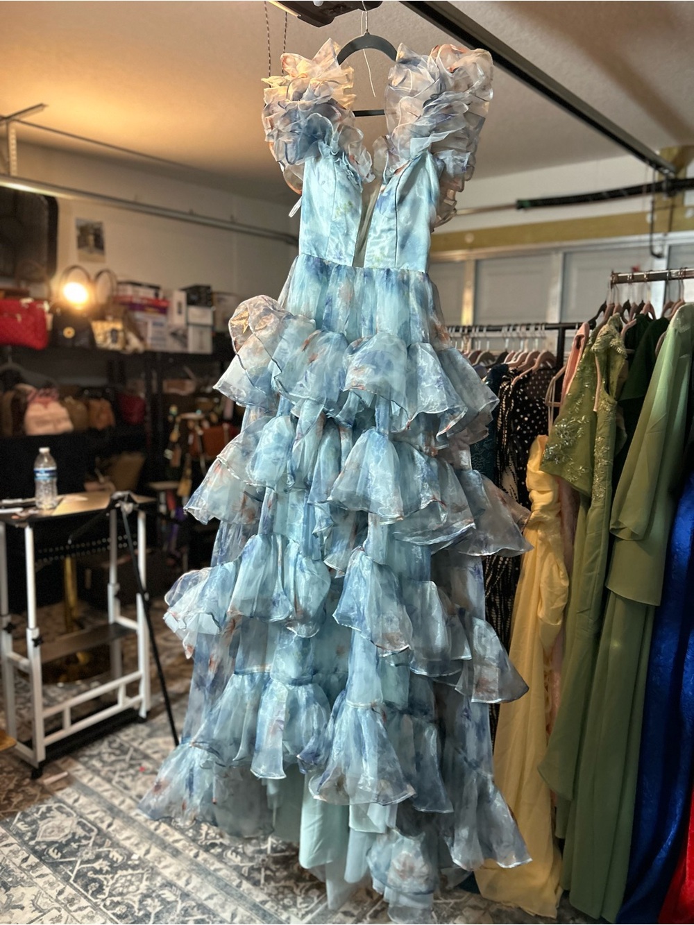 Ethereal Light Blue Ruffled Tulle Evening Gown